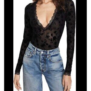 Free People Lace Bodysuit-XS Floral Velvet Burnout Mesh Whimsigoth Edgy Sexy